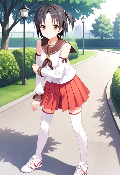 1girl, solo, park, full body, standing,  <lora:KC_02LC_nagara_pony-000024:1> nagarakc, black hair, short hair, one side up, brown eyes, headband,    nagaradefkc, brown sailor collar, serafuku, bare shoulders, detached sleeves, red skirt, miniskirt, pleated...