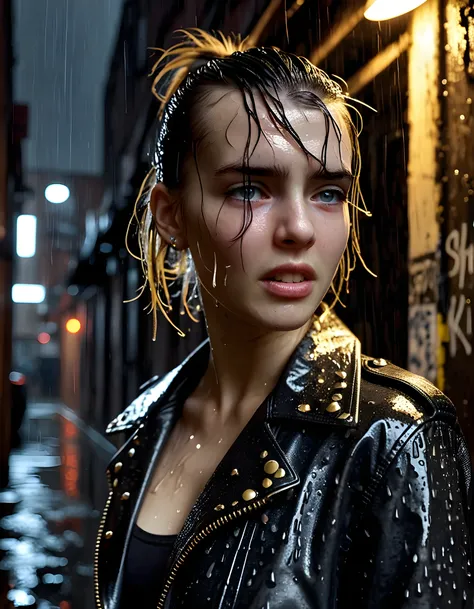 In a gritty, neo-noir setting of rain-soaked urban alleyways, a young woman, L150L3T, with her hair slicked back and bangs falling into her eyes, stands defiantly with a smirk on her face, revealing a single gold tooth. Her upper body is adorned in a leath...