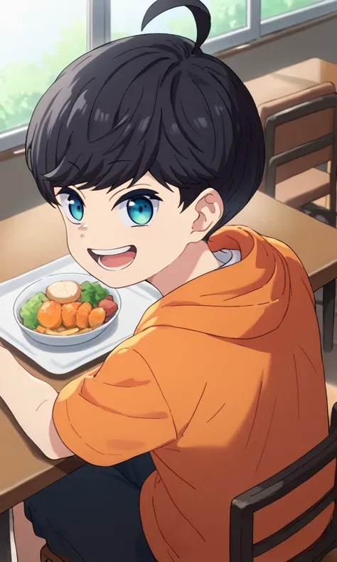 Source_anime,score_9,score_8_up,score_7_up,1boy,solo,Minato Yuzuki,black hair,blue eyes,ahoge,smile, indoors, dynamic angle,orange hoodie, sitting, table,Chair, food, open mouth, looking_at_viewer<lora:EMS-457809-EMS:1.000000>