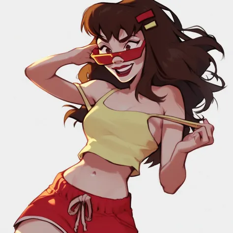 score_9, score_8_up, score_7_up, score_6_up, marcie-fleach, 1girl, solo, shorts, navel, strap slip, red shorts, long hair, midriff, tank top, smile, sunglasses, brown hair, hair ornament, glasses, hairclip, open mouth, simple background, white background, ...