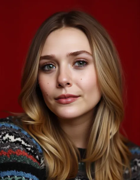 a studio photoshoot, evenly lit, a closeup portrait photo of a woman with medium length hair, gazing directly at the camera with...