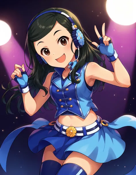 score_9,score_8_up,score_7_up,1girl,solo,cowboy shot,looking at viewer,smile,open mouth,stage lights,
<lora:shutouaoi_ponyXLV6:0.8>,cgsao,black hair,parted bangs,medium hair,brown eyes,
blue headphones,sleeveless,blue shirt,midriff,blue fingerless gloves,b...