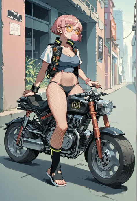 1girl, outdoors, cyberpunk, motorbike, cheweing gum, big breasts, vest, tactical clothes, panties, fishnet pantyhose, sunglasses, short hair, pink hair, looking over eyewear, round eyewear, toeless legwear, <lora:waterkuma:1>, score_9, score_8_up, score_7_...