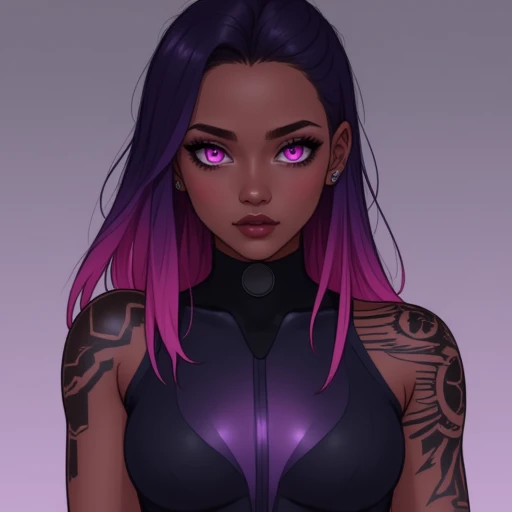 dark skin, illustration, purple eyes, tattoo, realistic, bodysuit, multicolored hair