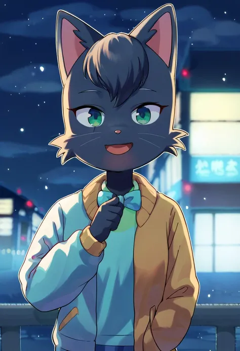 score_9, score_8_up, score_7_up, source_furry, anthro female, cat, mitsuyayuki, upper body, bowtie, standing, white outline, jacket, night, long sleeves, happy, sweater, outdoors