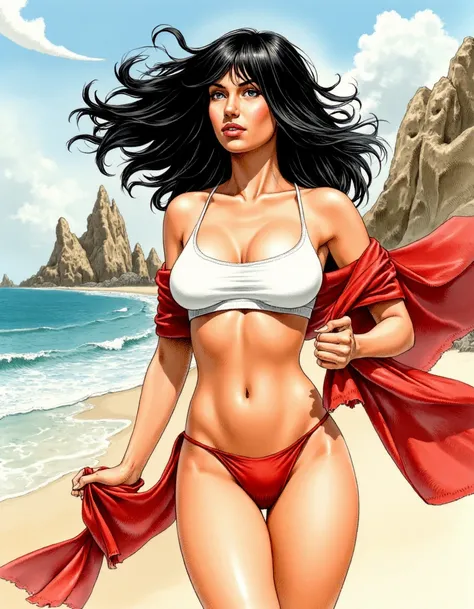 an illustration of a woman on a beach by Serpieri, the woman has windblown black hair, jagged rocks rise from the beach in contrast to the gently lapping waves of the ocean, the woman is wearing a white crop top and a red g-string bikini, with a red scarf ...