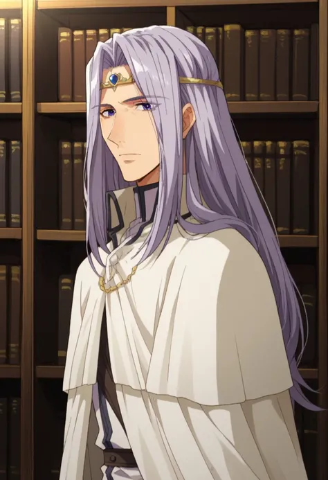 score_9, score_8_up, score_7_up, source_anime, highly detailed, 
guntervon, 1boy, male focus, solo, bookshelf, long hair, circlet, library, 
purple hair, book, bishounen, capelet, purple eyes, jewelry, upper body