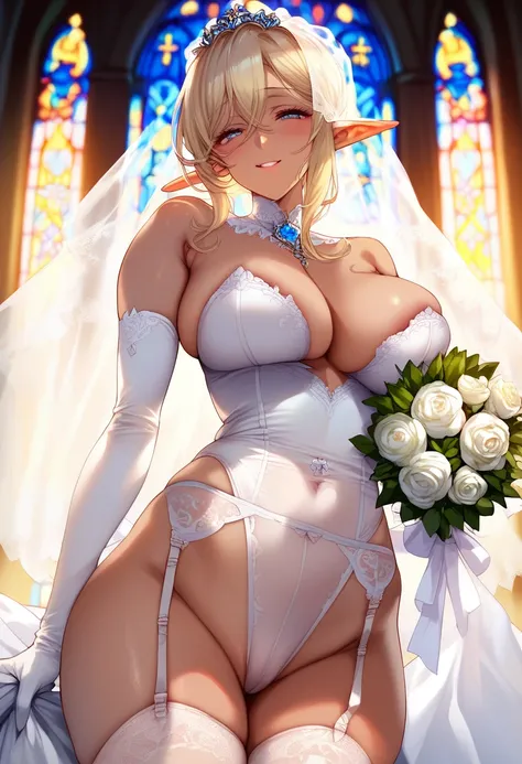 score_9,score_8_up,score_7_up,zPDXLxxx,zPDXL2,1girl,solo,sxw,<lora:sxw-000020:1>,blonde hair,dark-skinned female,dark skin,elf,pointy ears,pointy ears,large breasts,wid hips,thick thighs,thighhighs,solo,leotard,flower,wedding dress,white thighhighs,gloves,...