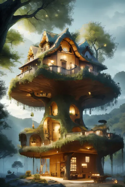 masterpiece,best quality,<lora:tbh390-:0.8>,illustration,design by Henning Larsen Whimsical treehouse complex in a lush forest, channeling the spirit of Antoni Gaudí