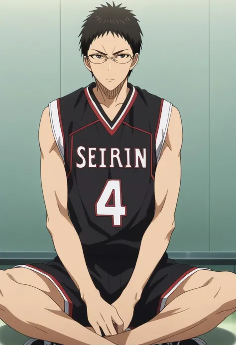 score_9, score_8_up, score_7_up, source_anime, rating_safe, HyugaKB, black Hyuga hair, grey Hyuga glasses, black Hyuga eyes, 1boy, male focus, anime screencap, black-white Seirin shirt, black-white Seirin shorts, cropped legs, sitting,