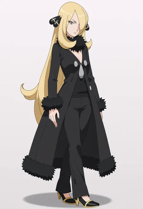 score_9, score_8_up, score_7_up, anime screencap, BREAK
1girl,  cynthia (pokemon), blonde hair, hair over one eye, very long hair, grey eyes, eyelashes, hair ornament,
fur collar, black coat,  fur-trimmed coat, long sleeves, black pants, black shirt, high ...