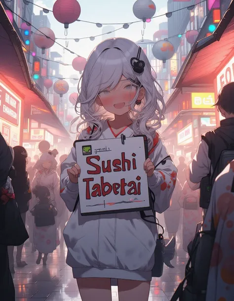 white-haired girl is holding a hand-drawn sign that reads ‘Sushi Tabetai’ in playful, bold letters. She stands with an excited yet slightly shy expression, as if eagerly asking for sushi. The setting is a lively urban street during a summer festival, with ...