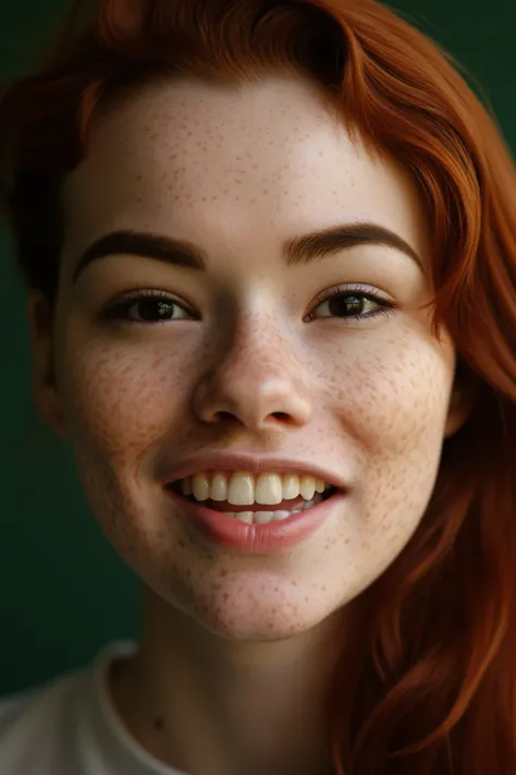 SabrinaLynn, head shot, dynamic, photoshoot, macro photography, bokeh, pale skin, freckles, red hair, black eyes, long eyelashes, smile, grin, teeth, high quality, intricate details, detailed skin texture, green background