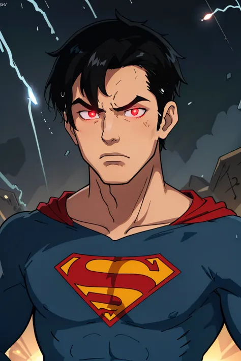 1boy,solo,black hair,upper body,blue bodysuıt,heat_vision,glowing eyes,red eyes,aura,no pupils,raining,rain,looking at viewer,,angry,superman