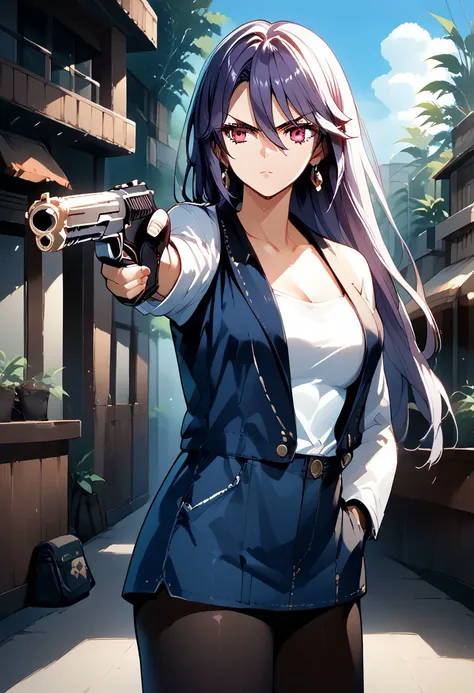 score_9, score_8_up, score_7_up, source_anime, 1girl, TURKISH KILLER POSE, LOOKING AT GUN, HOLDING HANDGUN, HAND IN POCKET, NAGISA WATASE