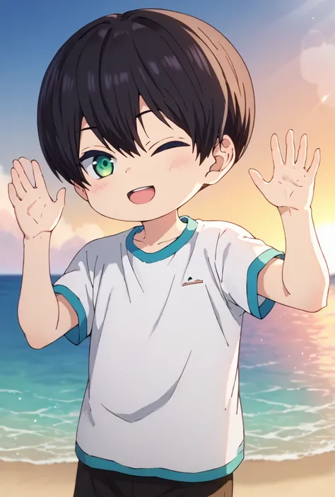 score_9,score_8_up,score_7_up,source_anime,1boy, solo, Gakuto Yuzuki,black hair,green eyes, light rays, smile, open mouth, beach,black t-shirt, black shorts, looking_at_viewer, sky, posing,sunrise, sleeveless, (one_eye_closed:1.2), hands up,blush<lora:EMS-...