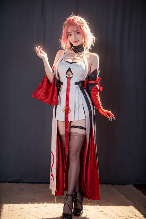 realistic,photorealistic,best quality,masterpiece,highres,8k,RAW photo,ultra-detailed,full body,1girl,solo,smile,looking at viewer,standing,changli cosplay costume,changli,cosplay,gradient hair,multicolored hair,pink hair,white hair,long hair,dress,bare sh...