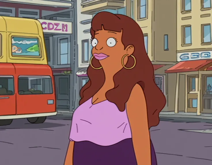 <lora:Fanny_-_Bobs_Burgers:1> 1girl, dark-skinned female, brown hair, long hair, hoop earrings, makeup, purple shirt, puffy hair, sleeveless shirt, chubby, dark purple skirt, mini skirt, skirt,, source_cartoon, score_9, score_8_up, score_7_up,