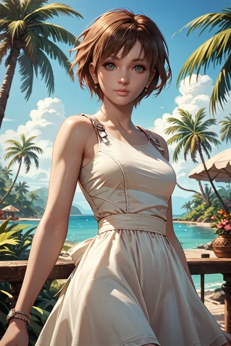 score_9, score_8_up, score_7_up, score_6_up
<lora:RE0Rebecca:1.0>
RE0Rebecca, 1girl, brown hair, short hair, looking at viewer, on a tropical island, sundress, palm trees