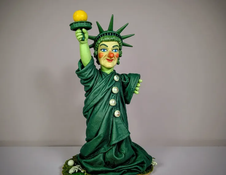 <lora:Lady_Elaine_FairchildeFLUX:0.7> a statue of liberty doll