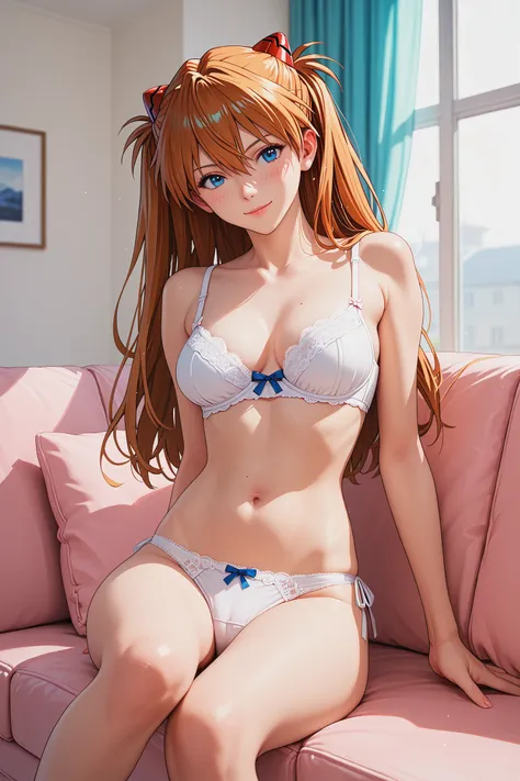 score_9, score_8_up, score_7_up, score_6_up, score explicit,
looking at viewer, light smile, 
1girl, souryuu asuka langley ( neon genesis evangelion), orange hair,  multi-tied hair, blue eyes,
medium breasts, sitting, on couch, living room, pink couch,  wi...