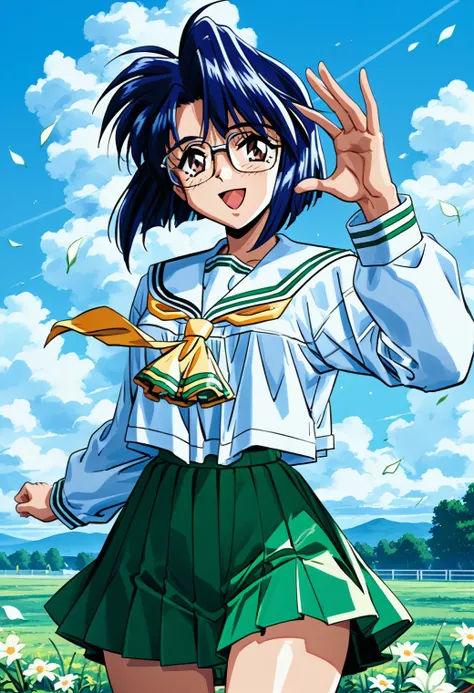 1girl, solo, (field:1.2), (sky:1.2), smile, (cowboy shot, dynamic pose:1.4), 
ishibashi_misako, brown eyes, blue hair, short hair, glasses, school uniform, serafuku, white sailor collar, yellow neckerchief, white shirt, long sleeves, green skirt, pleated s...