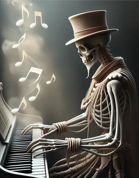 close-up of spectral musician playing a piano, top hat, ragged clothes, featureless face, side view, ghostly musical notes floating in the air, misty, sunbeam, submerged, haunted vibe, mystical, retrofuturism
 <lora:Bones_by_Dever_Flux_-_EXP:2>