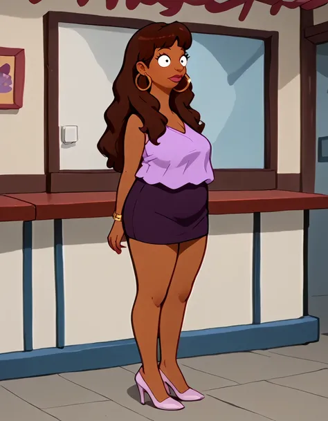 <lora:Fanny_-_Bobs_Burgers:1> 1girl, dark-skinned female, brown hair, long hair, hoop earrings, chubby, makeup, puffy hair, purple shirt, sleeveless shirt, mini skirt, skirt, pink high heels, full body,, source_cartoon, score_9, score_8_up, score_7_up,