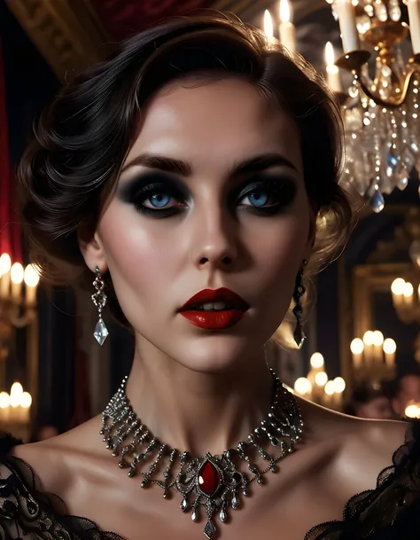 In a dimly lit, opulent Victorian-era ballroom, a woman named J9W0R9Z is captured in a dramatic close-up shot. Her eyes, dark and intense like the night sky, are accentuated by heavy black kohl liner and fiery red lipstick that matches her parted lips. She...