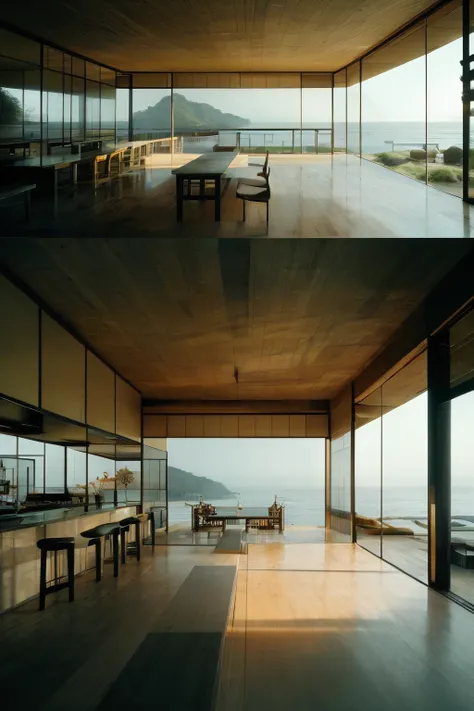 masterpiece,best quality,<lora:tbh391-:0.8>,illustration,design by Herzog & de Meuron Minimalist Japanese-inspired tea house by the sea, evoking the style of Tadao Ando