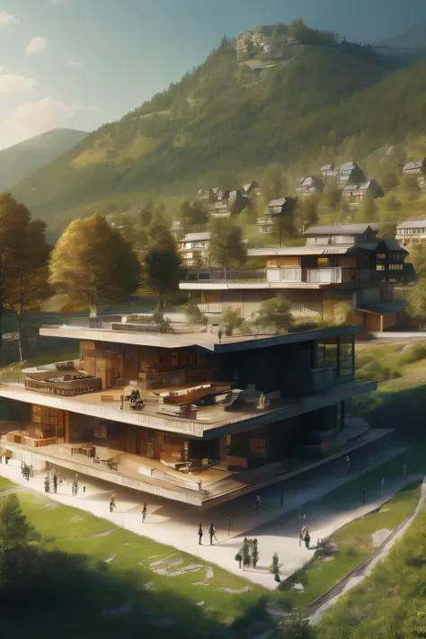 masterpiece,best quality,<lora:tbh391-:0.8>,illustration,design by Herzog & de Meuron Sustainable eco-village with green roofs and solar panels, nestled in a mountain valley