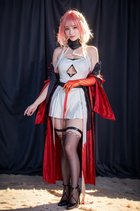 realistic,photorealistic,best quality,masterpiece,highres,8k,RAW photo,ultra-detailed,full body,1girl,solo,smile,looking at viewer,standing,changli cosplay costume,changli,cosplay,gradient hair,multicolored hair,pink hair,white hair,long hair,dress,bare sh...