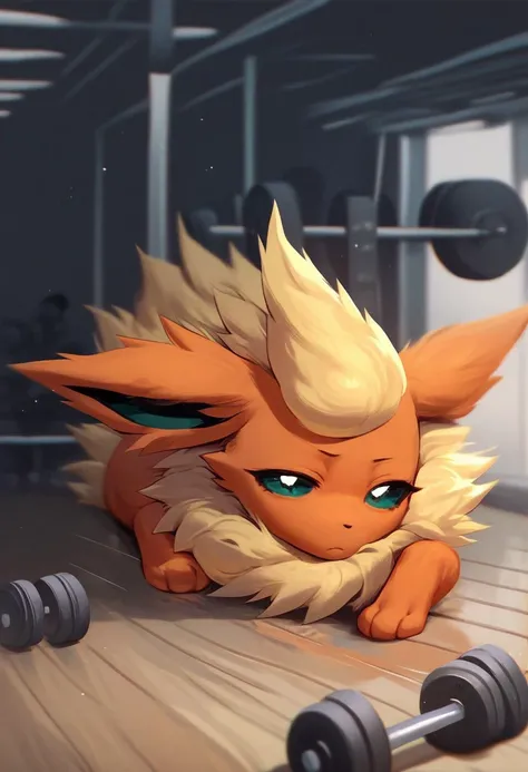 score_9, score_8_up, score_7_up, score_6_up, score_5_up, score_4_up, solo, feral, flareon, lying on stomach, tired, looking at viewer, gym, flat colors