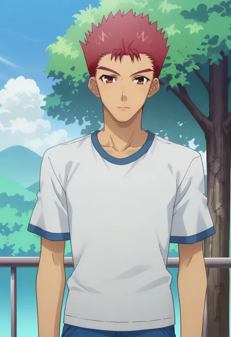 score_9, score_8_up, score_7_up, source_anime, highly detailed, 
yujisakamoto, 1boy, male focus, red hair, solo, spiked hair, brown eyes, gym uniform, short sleeves, pants, upper body,
outdoor, sky, tree