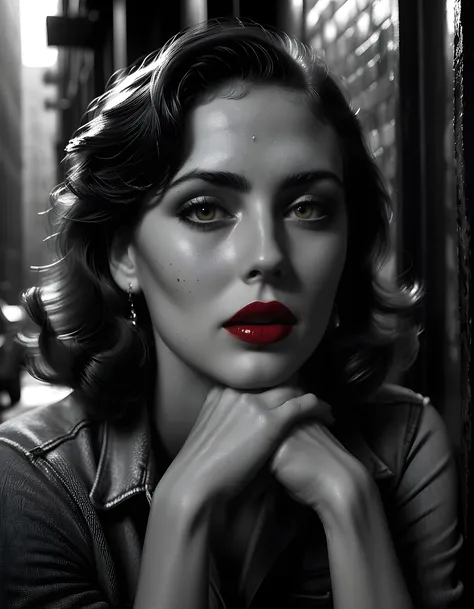 In a captivating black-and-white film noir scene, the enigmatic J9W0R9Z, with her striking brown eyes flecked with freckles and intensely lined lips adorned in bold red lipstick, gazes directly into the viewers soul from a low angle, her delicate hand casu...