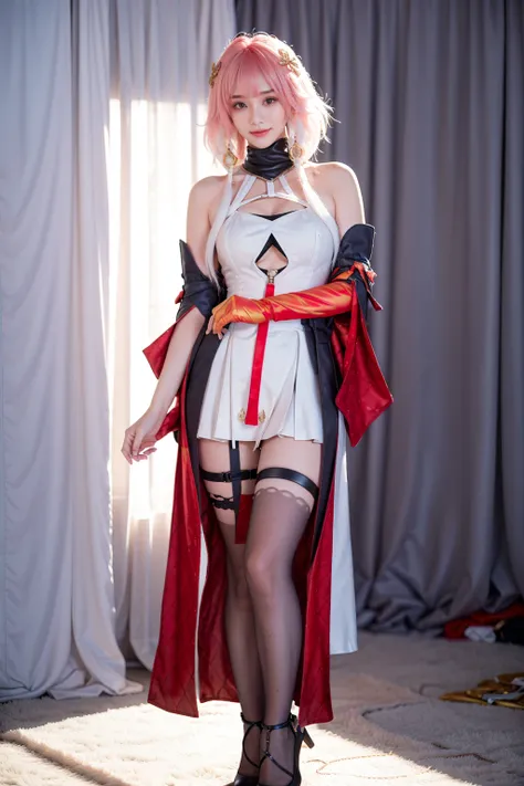 realistic,photorealistic,best quality,masterpiece,highres,8k,RAW photo,ultra-detailed,full body,1girl,solo,smile,looking at viewer,standing,changli cosplay costume,changli,cosplay,gradient hair,multicolored hair,pink hair,white hair,long hair,dress,bare sh...