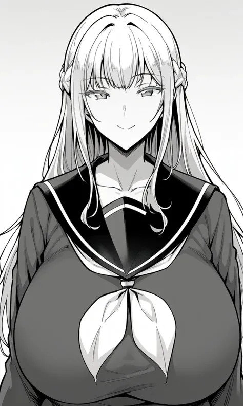 score_9, score_8_up, greyscale, monochrome, long hair, bangs, braid, standing, facing forward, huge breasts, school uniform, serafuku, sailor collar, smile, looking at viewer