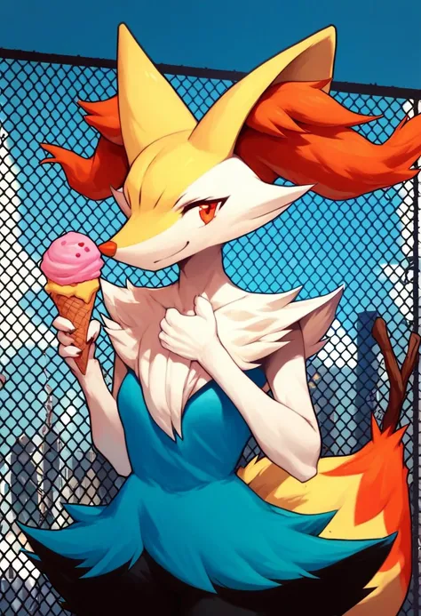 score_9, score_8_up, score_7_up, score_6_up, score_5_up, score_4_up, solo, braixen, smile, hands up, holding ice cream, chain-link fence, blue sky, city background, flat colors