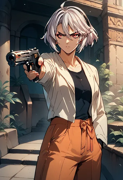 score_9, score_8_up, score_7_up, source_anime, 1girl, TURKISH KILLER POSE, LOOKING AT GUN, HOLDING HANDGUN, HAND IN POCKET, NAGISA WATASE