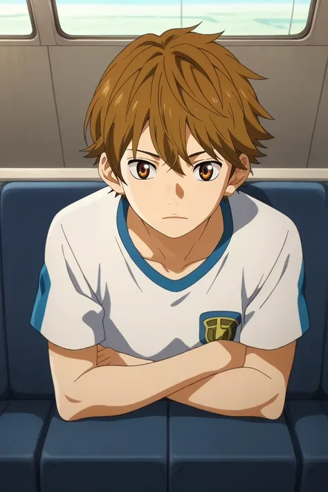 score_9, score_8_up, score_7_up, , rating_safe, , anime screencap, , official style, , , 1boy, solo, male focus, <lora:ryouta_watari_pony:0.96>, ryouta_watari, brown hair, brown eyes, short hair, from above, full body, plane, indoors, breast rest, distract...