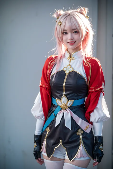 realistic, photorealistic, best quality, masterpiece, highres, 8k, RAW photo, ultra-detailed, cowboy shot, 1girl, solo, smile, looking at viewer, standing, march 7th cosplay costume, march 7th, cosplay, pink hair, long hair, hair bun, double bun, chinese c...