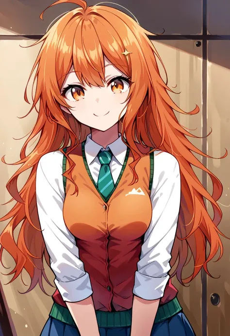 core_9, Score_8_up, Score_7_up, 1girl, solo, original anime, 1 girl, orange hair, messy hair, long hair, medium breasts, (orange eyes: 1.2), blue skirt, track skirt, tie, shirt, red vest, cream shirt, smile,