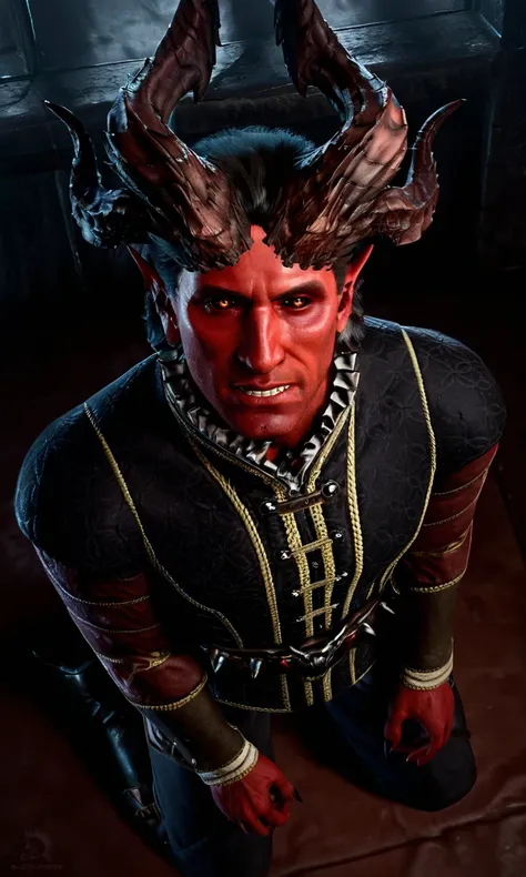 score_9, score_8_up, score_7_up, BREAK 1boy, solo, photorealistic, realistic, photo, film grain, male focus, short hair, black hair, orange eyes, black sclera, colored sclera, colored skin, red skin, demon boy, demon horns, multiple horns,  kneeling, matur...