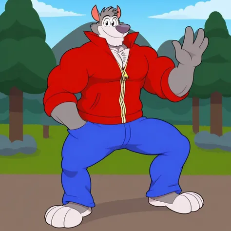 chip the wolf, bara, red sweatshirt, yellow zipper, blue jeans, barefoot, muscular, hands in pocket, thick arm muscles, clear blue skies, trees, rocky moutain road, visable chest hair, waving at viewer