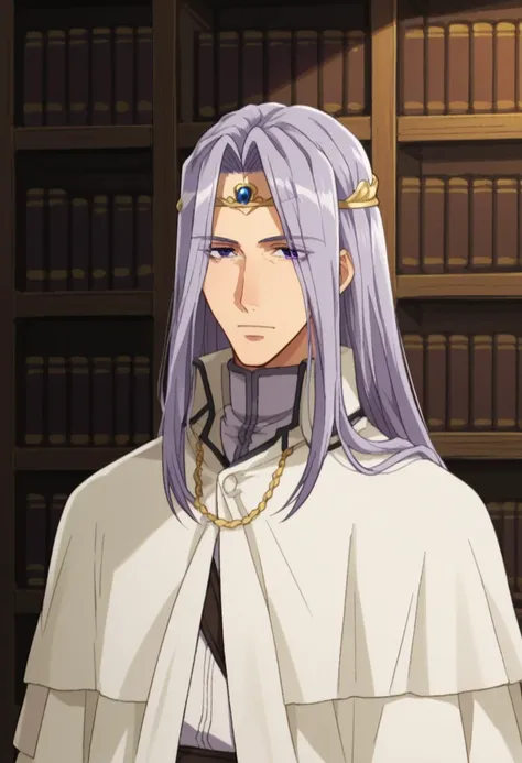 score_9, score_8_up, score_7_up, source_anime, highly detailed, 
guntervon, 1boy, male focus, solo, bookshelf, long hair, circlet, library, 
purple hair, book, bishounen, capelet, purple eyes, jewelry, upper body