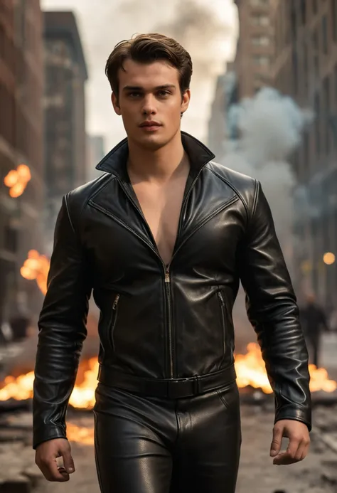 <lora:nicholas_galitzine_v1_sdxl_1200_lora_f32:1>,, cinematic film still nicholas galitzine, superhero, leather outfit, metropolitan city, explosions in background, dynamic pose . shallow depth of field, vignette, highly detailed, high budget, bokeh, cinem...