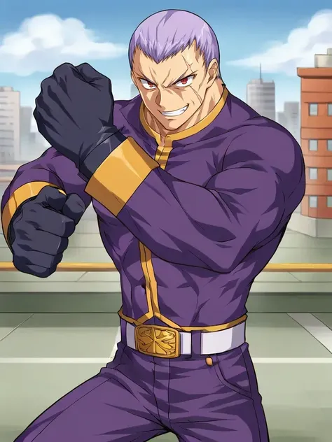 <lora:Ragou_Karasuma:0.7>
1boy, solo, karasumaonlyyou, red eyes, scar on face, purple hair, muscular, purple shirt, long sleeves, gloves, purple pants, belt, standing, evil grin, fighting stance, outdoors, city