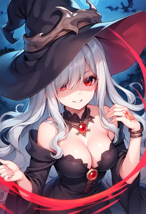 score_9, score_8_up, score_7_up, source_anime, 1girl, silver hair, red eyes, (wavy hair:0.7), long hair, witch, casting spell, witch hat, jewelry, night, cleavage, smirk, shaded face, hair over eyes