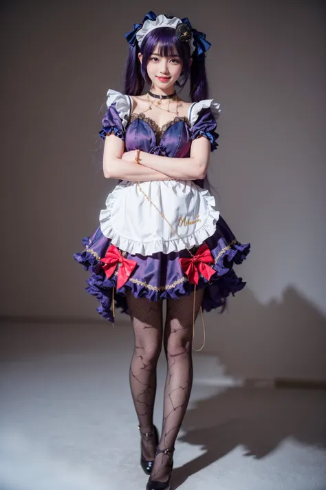 realistic,photorealistic,best quality,masterpiece,highres,8k,RAW photo,ultra-detailed,full body,1girl,solo,grin,looking at viewer,standing,mona cosplay costume,mona,cosplay,alternate costume,purple hair,long hair,twintails,maid,enmaided,dress,maid apron,fr...