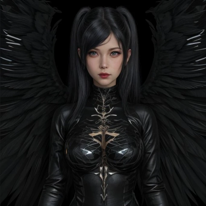 1fullbodyimage of woman in a black linger suit with wings posing for a picture, 20 - year - old goth girl, dark goth queen, goth girl, very beautiful goth top model, pale goth beauty, wearing a black bodysuit, gothic horror vibes, with black flowing pigtai...